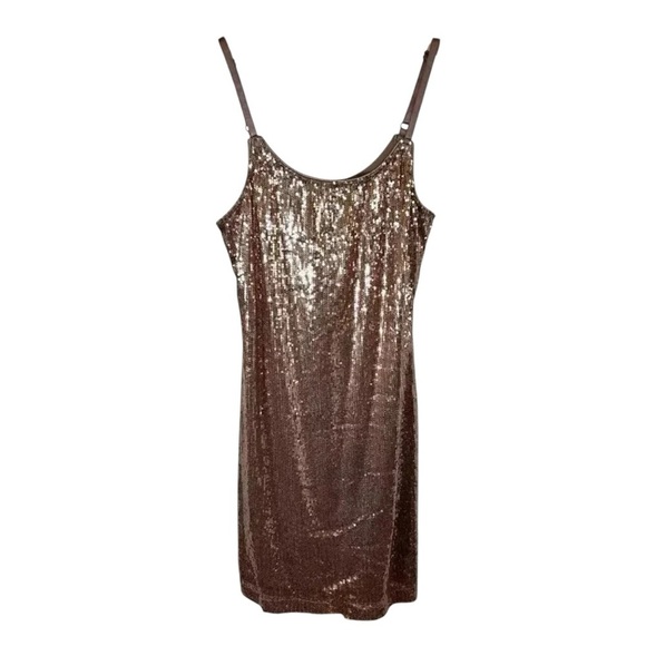 2/$30 Forever 21 Size Medium Sequin Rose Gold Strappy Mini Dress Sparkly - Picture 2 of 10